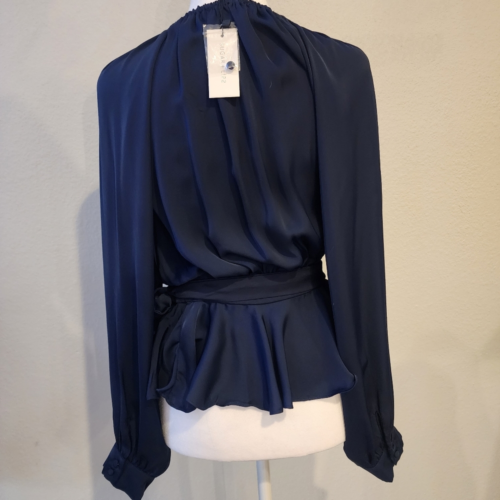 NWT Gorgeous Sugarlips Satin Peplum Wrap Top - Picture 4 of 5